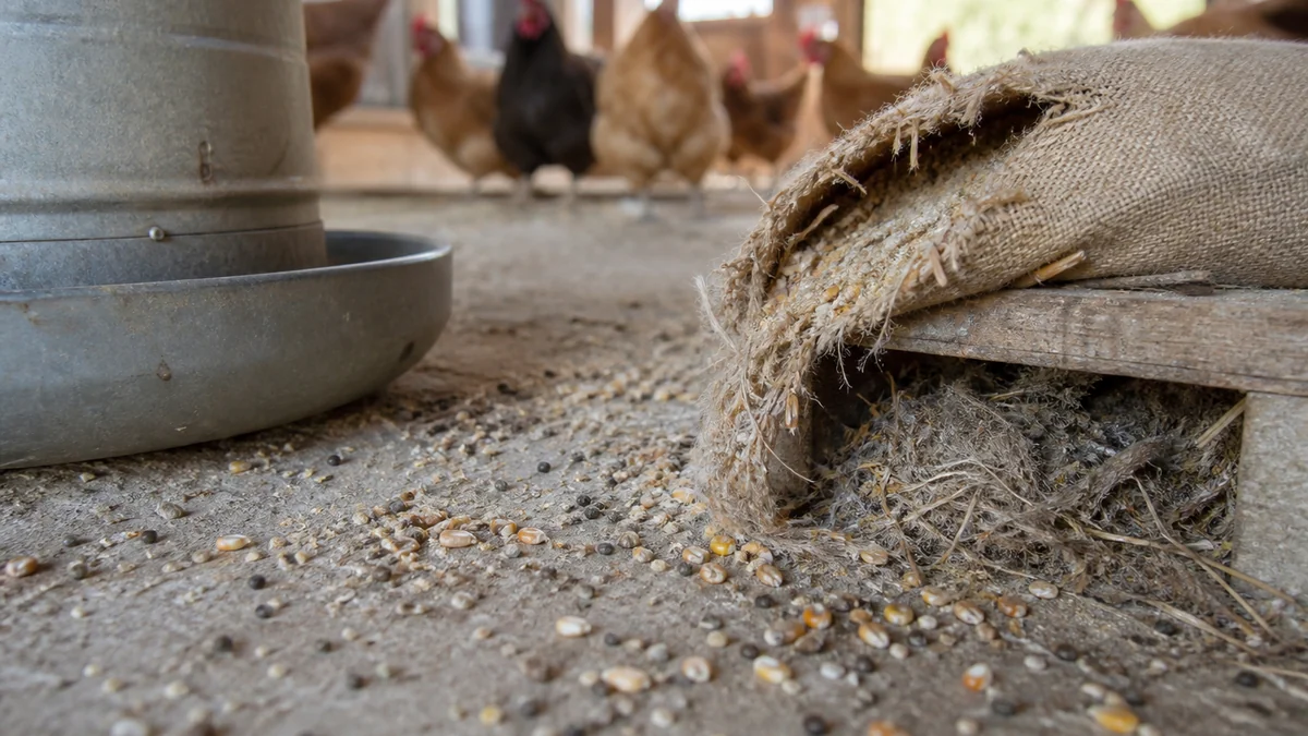Gallinero ordenado con bidón cerrado de pienso y pequeño hueco junto al zócalo