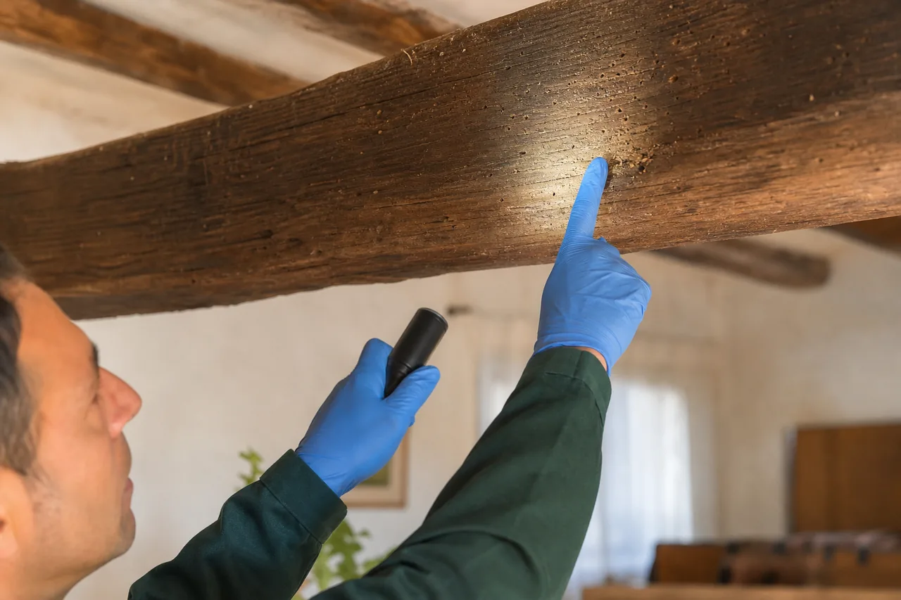 Técnico inspeccionando agujeros de carcoma en una viga de madera