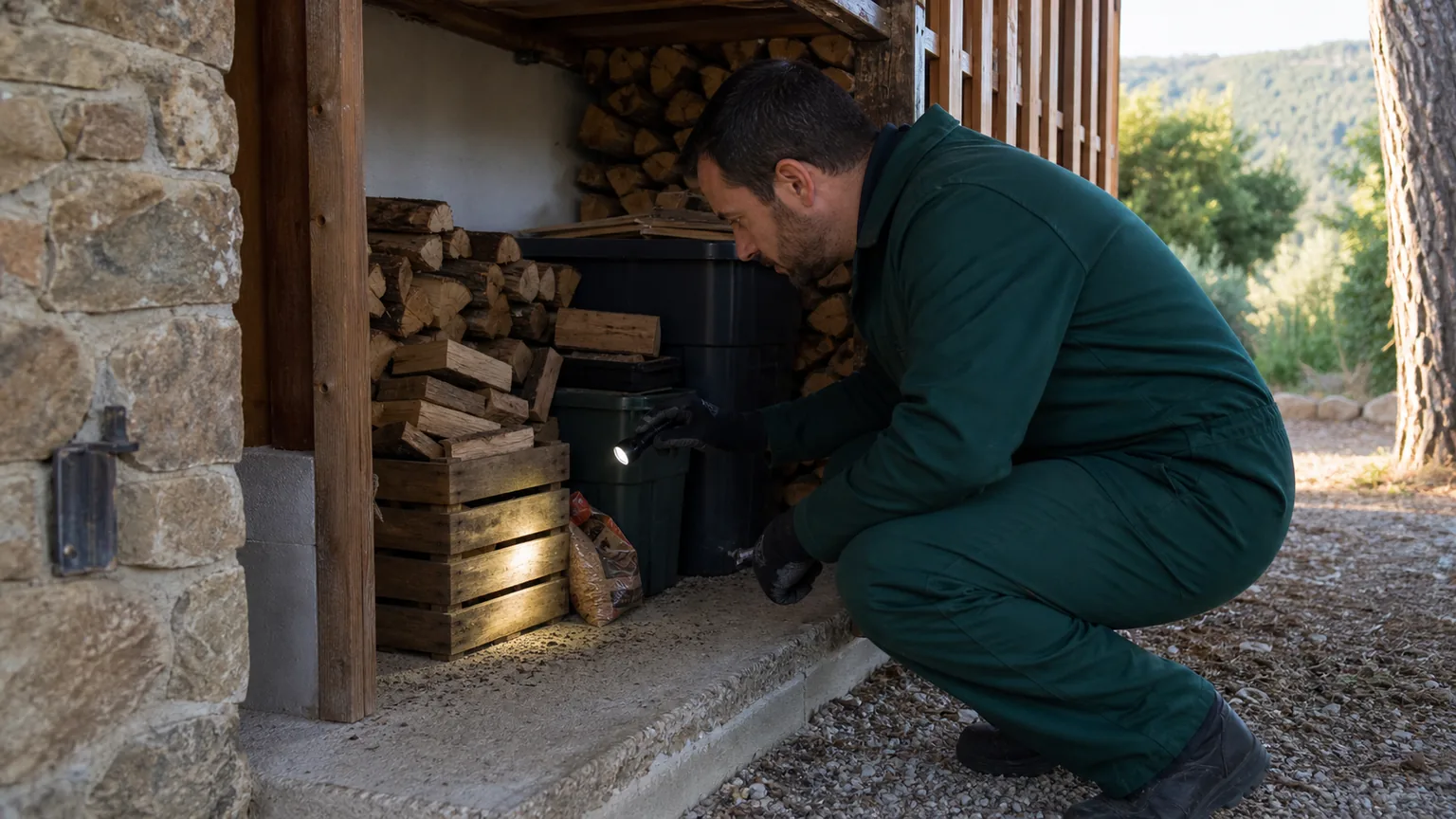 Técnico inspeccionando una leñera por indicios de ratones en Llinars del Vallès